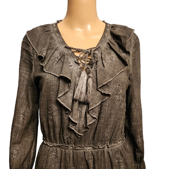 Gray Ruffle and Bell Sleeve Pheasant Boho Dress Size S - Picture 2 of 13